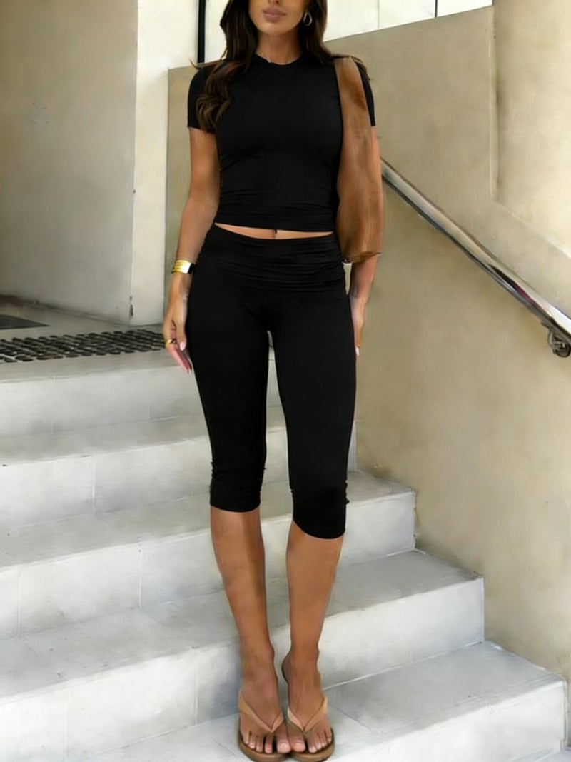 ZFLM casual sports women's two-piece set with short sleeves exposed navel high waistfoldable cropped pants sports suit - Image 2