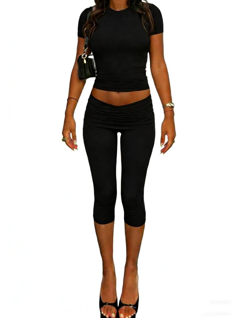ZFLM casual sports women's two-piece set with short sleeves exposed navel high waistfoldable cropped pants sports suit - Image 1
