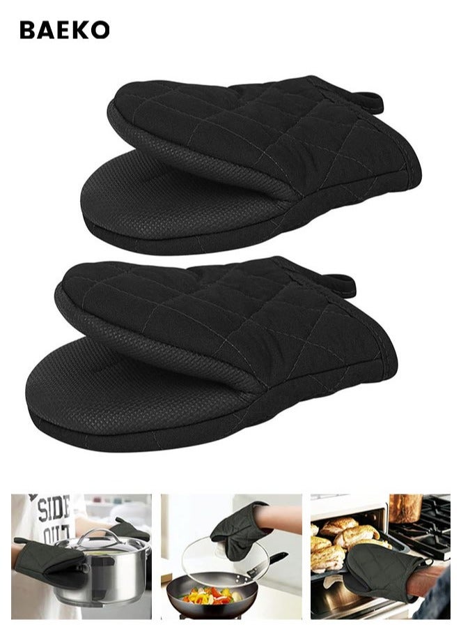 BAEKO 1 Pair Short Oven Mitts - Silicone Kitchen Oven Gloves High Heat Resistant, Mini Oven Mits with Non-slip Grip Surfaces and Hanging Loop for BBQ, Baking, Cooking and Grilling (Black) - Image 1