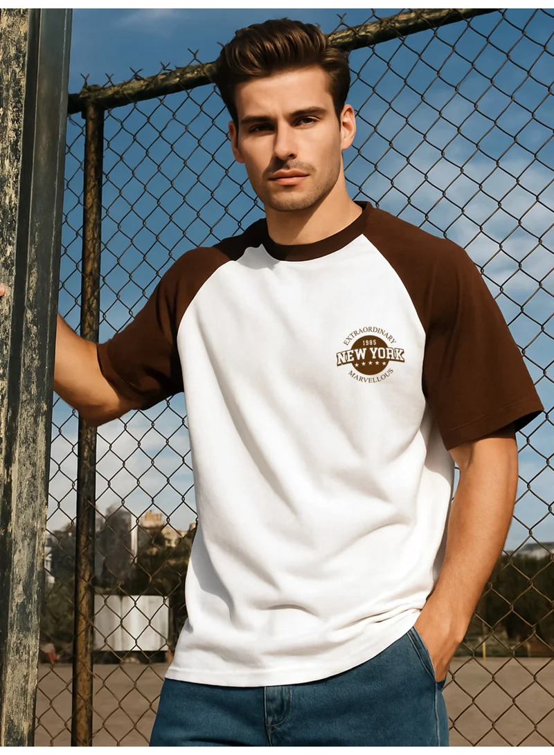 Maniac Maniac Mens Printed NewYork Round Neck Half Sleeve White and Brown Tshirt