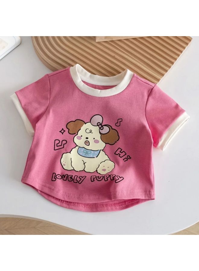 Summer New Style Cartoon Fashionable And Cute Girls' Baby Polka Dot Plaid Color-blocking Short-sleeve T-shirt Tops
