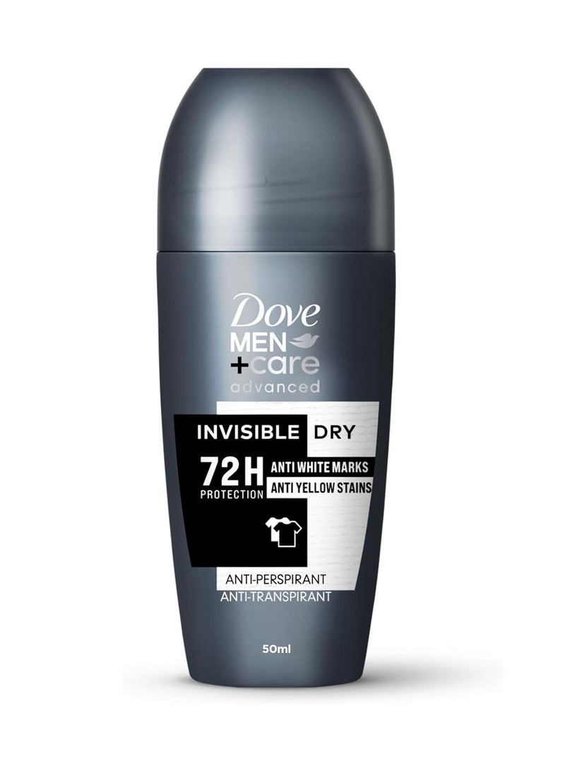 Dove دوف للرجال + العناية مزيل العرق رول أون المتقدم، جاف غير مرئي، مرطب وحماية لمدة 72 ساعة، مضاد للبقع البيضاء والبقع الصفراء، 50 مل