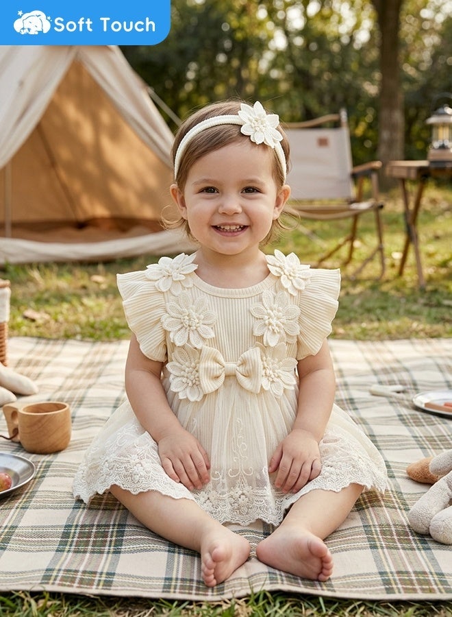 Soft Touch Baby Dress, Baby Girl Princess Romper Dress, Infant Clothes, Baby Outfit, Toddler Casual Bowknot Bodysuit, Toddler Flowers Lace Clothes with Headband, Princess Costume for 3-6 Months Babies - Image 2