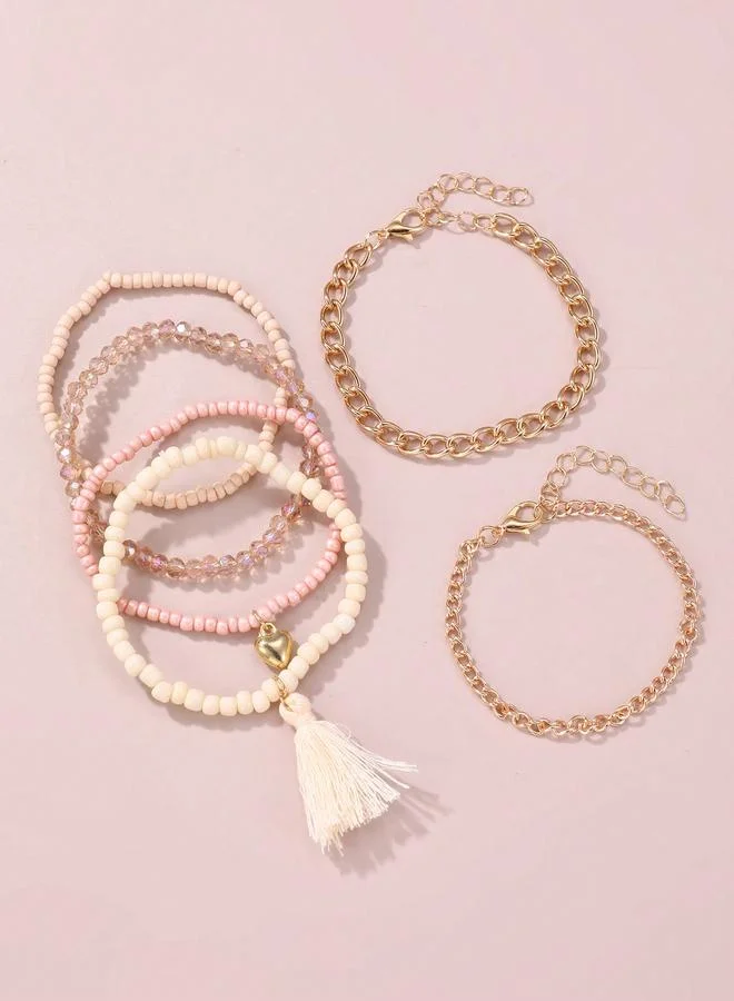Pack of 6 - Girls Multi-Color Beaded and Chain Bracelets