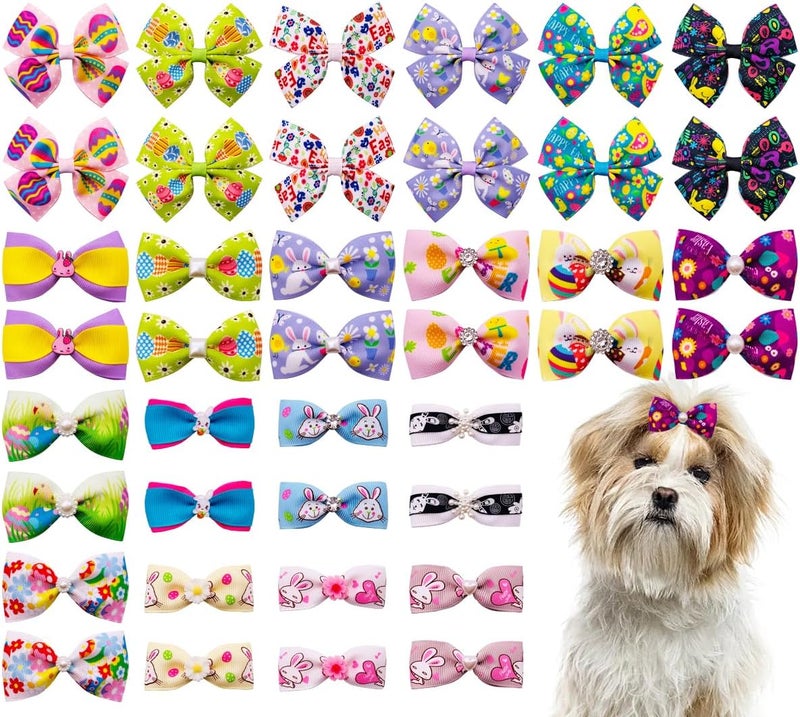 pet show 20Pairs 2" 3" 4" Easter Day Big Dog Hair Bows with Rubber Band for Small Medium Large Dogs Rhinestone Bowknot Topknot Cats Rabbits Girl Boy Rabbit Party Grooming Hair Accessories - Image 1