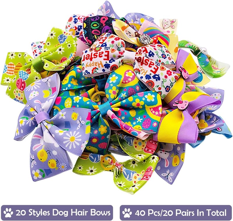 pet show 20Pairs 2" 3" 4" Easter Day Big Dog Hair Bows with Rubber Band for Small Medium Large Dogs Rhinestone Bowknot Topknot Cats Rabbits Girl Boy Rabbit Party Grooming Hair Accessories - Image 5