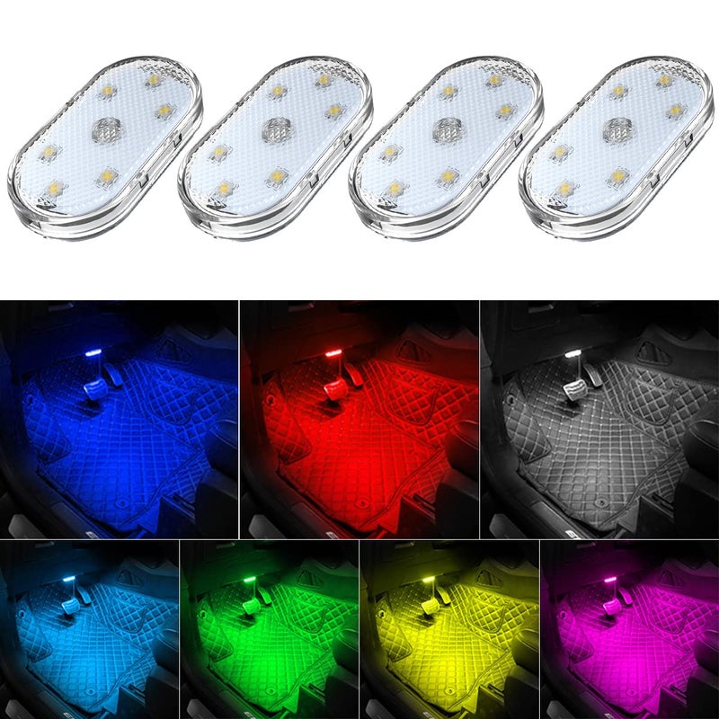 4Pcs Car LED Lights Interior, 7 Colors Ambient Interior Car Light with 6 Bright LED Lamp Beads, Portable USB Rechargeable Car Interior Led Night Light for Car Decor