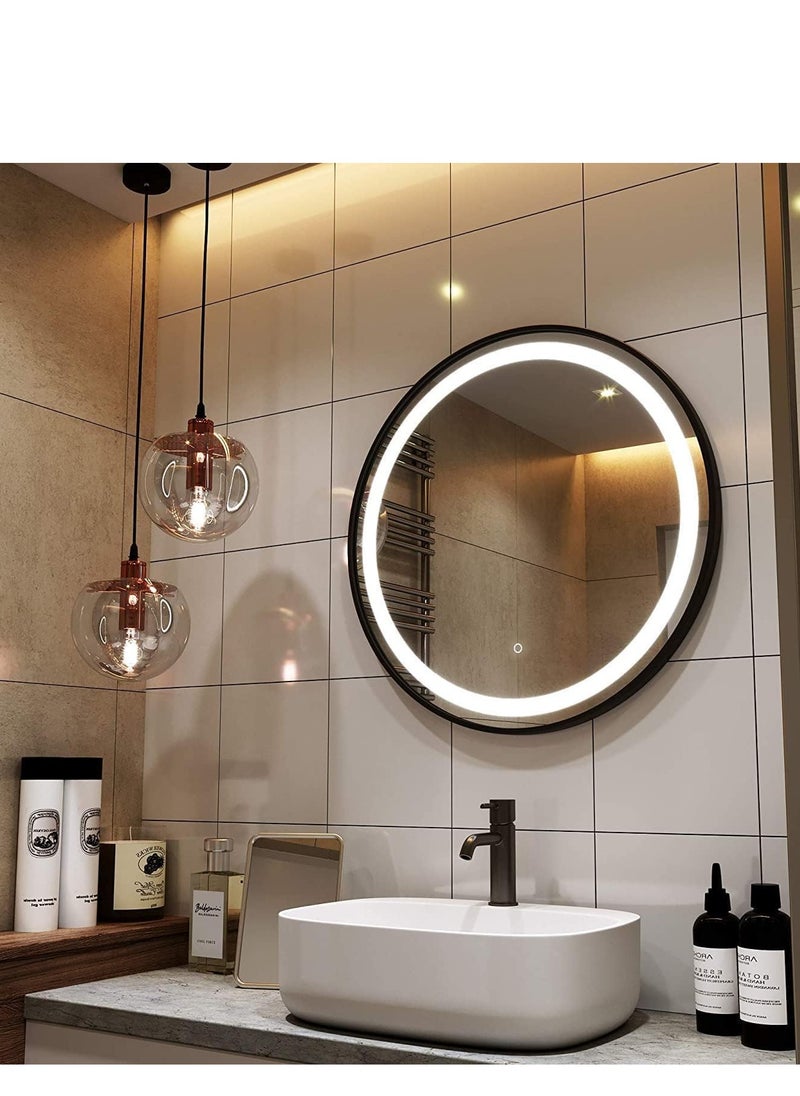 ديكور هيلز مرآة حمام دائرية بإضاءة LED بيضاء من Decorhills، إطار أسود، مثبتة على الحائط، قابلة للتعتيم، مضادة للضباب، زر ذاكرة، مقاومة للماء  - Image 1