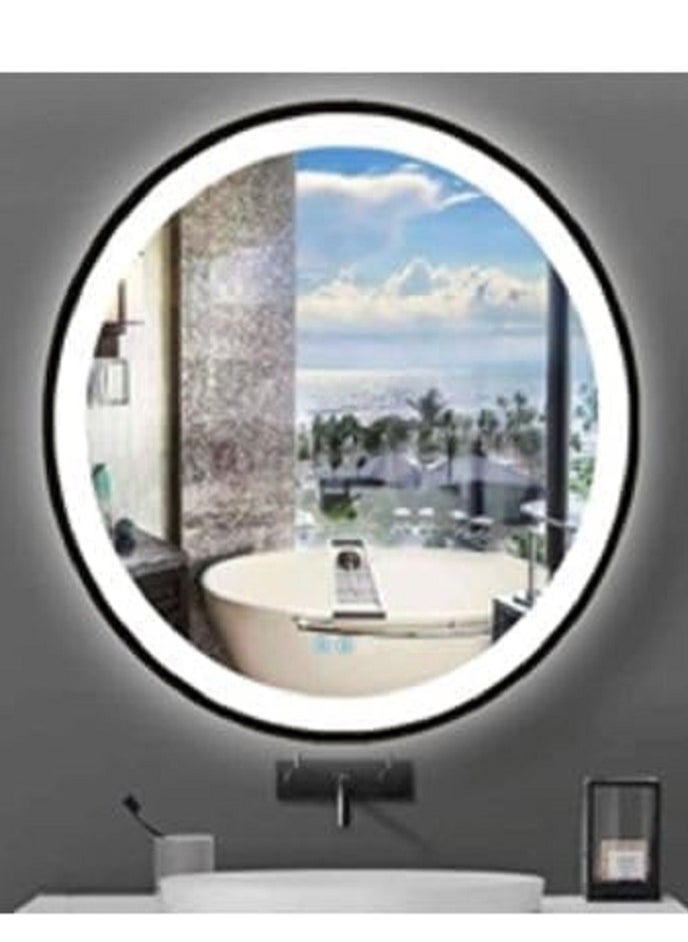 ديكور هيلز مرآة حمام دائرية بإضاءة LED بيضاء من Decorhills، إطار أسود، مثبتة على الحائط، قابلة للتعتيم، مضادة للضباب، زر ذاكرة، مقاومة للماء  - Image 2