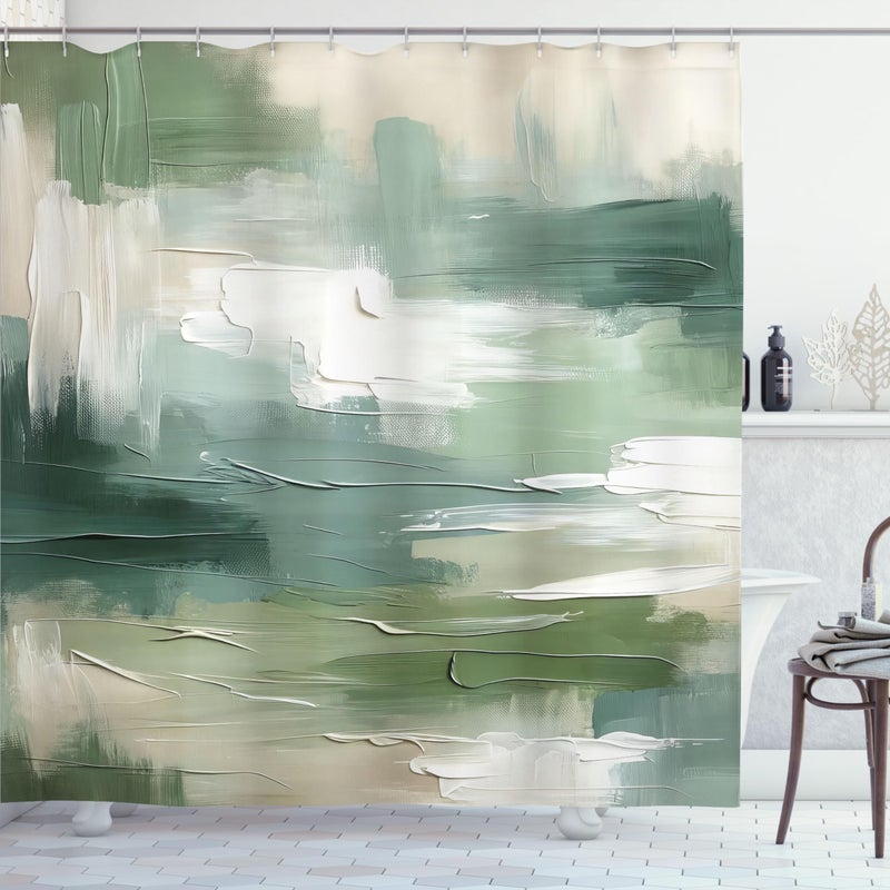 أمبيسون Ambesonne Green Surtain Startain Design Design Brush Strokes تبدو طباعة مع نغمات الباستيل النغمات سلتيك قماش القماش ديكور الحمام مجموعة مع خطافات 69 "" W x 84 "" L Slate Brown White Teal  - Image 2