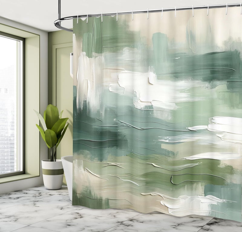 أمبيسون Ambesonne Green Surtain Startain Design Design Brush Strokes تبدو طباعة مع نغمات الباستيل النغمات سلتيك قماش القماش ديكور الحمام مجموعة مع خطافات 69 "" W x 84 "" L Slate Brown White Teal  - Image 1