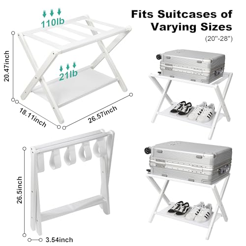 VASMIA Luggage Rack, Folding Suitcase Stand with Storage Shelf,Bamboo Luggage Stand for Guest Room,Bedroon and Hotel,Holds up to 131 lb,Fit Most Luggage Size,White - Image 4