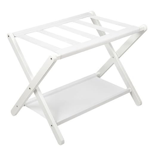 VASMIA Luggage Rack, Folding Suitcase Stand with Storage Shelf,Bamboo Luggage Stand for Guest Room,Bedroon and Hotel,Holds up to 131 lb,Fit Most Luggage Size,White - Image 1