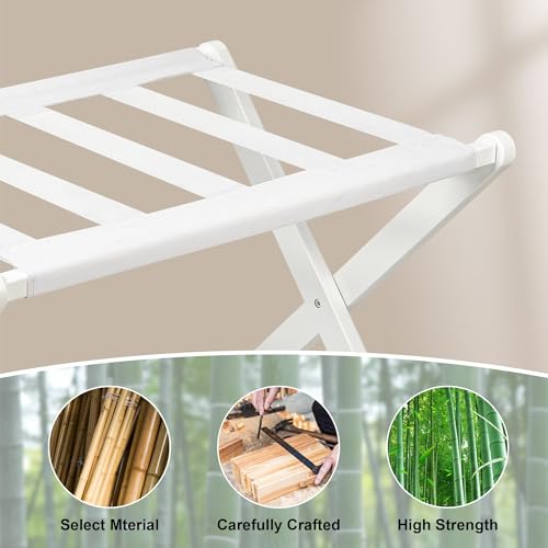 VASMIA Luggage Rack, Folding Suitcase Stand with Storage Shelf,Bamboo Luggage Stand for Guest Room,Bedroon and Hotel,Holds up to 131 lb,Fit Most Luggage Size,White - Image 5