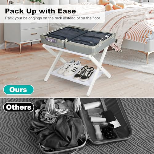VASMIA Luggage Rack, Folding Suitcase Stand with Storage Shelf,Bamboo Luggage Stand for Guest Room,Bedroon and Hotel,Holds up to 131 lb,Fit Most Luggage Size,White - Image 3