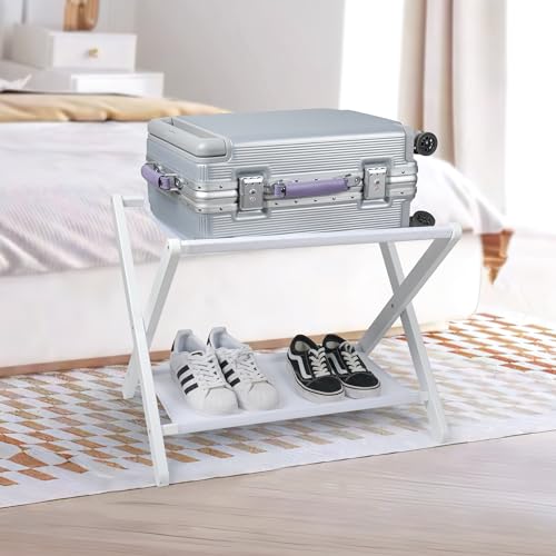 VASMIA Luggage Rack, Folding Suitcase Stand with Storage Shelf,Bamboo Luggage Stand for Guest Room,Bedroon and Hotel,Holds up to 131 lb,Fit Most Luggage Size,White - Image 2