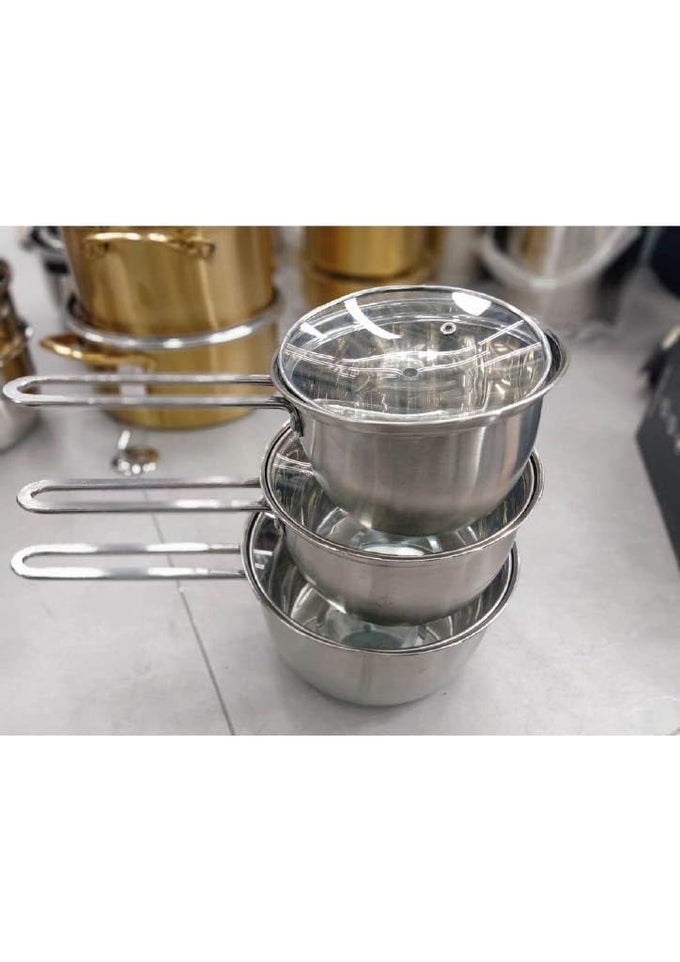 3 POTS OF DIFFERENT SIZES STAINLESS STEEL COOKING POT WITH GLASS LID L MILK PAN L TEA COFFEE PAN L SAUCEPAN INDUCTION BASE L BOILING POT