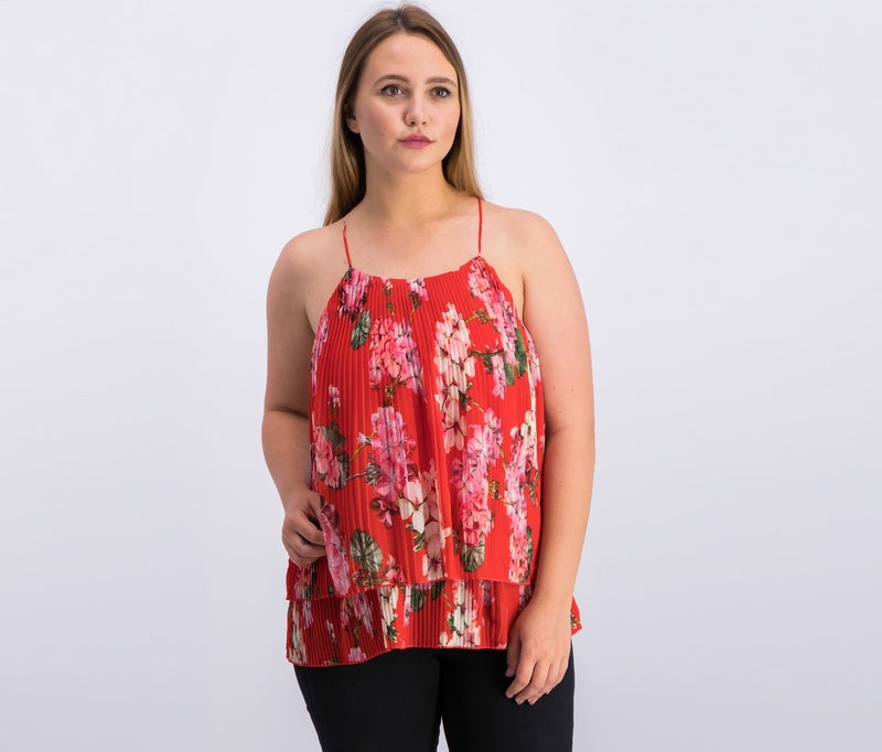 MANGO Women Sleeveless Pleated Floral Top, Red - Image 1