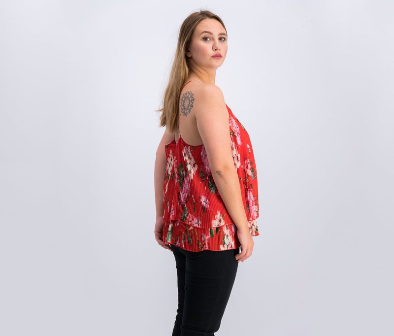 MANGO Women Sleeveless Pleated Floral Top, Red - Image 2