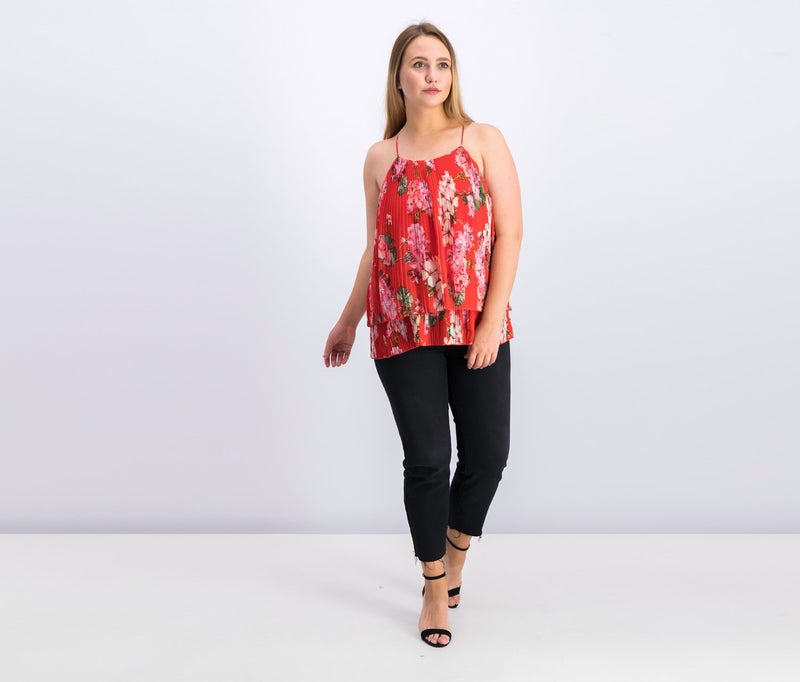 MANGO Women Sleeveless Pleated Floral Top, Red - Image 4