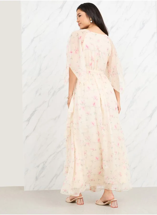 ستايلي Floral Print Cape Sleeves A-Line Maxi Dress