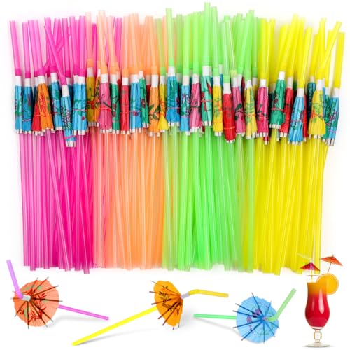 Paxcoo 100pcs Umbrella Straws - Hawaiian Luau Party Straws for Drinks Decorations (Assorted Colors) - Image 1