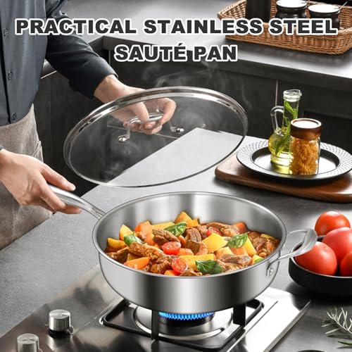 EWFEN 12 Inch TriPly Stainless Steel Frying Pan Compatible with All Cooktops Up to 600 Large Frying Pan with lids InductionReady Skillet Dishwasher and Oven Safe Even Heat 12 PanHandleLid - Image 3