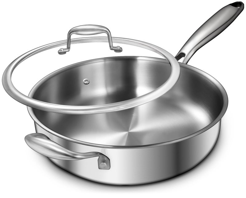 EWFEN 12 Inch TriPly Stainless Steel Frying Pan Compatible with All Cooktops Up to 600 Large Frying Pan with lids InductionReady Skillet Dishwasher and Oven Safe Even Heat 12 PanHandleLid - Image 2