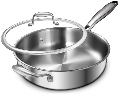 EWFEN 12 Inch TriPly Stainless Steel Frying Pan Compatible with All Cooktops Up to 600 Large Frying Pan with lids InductionReady Skillet Dishwasher and Oven Safe Even Heat 12 PanHandleLid - Image 1