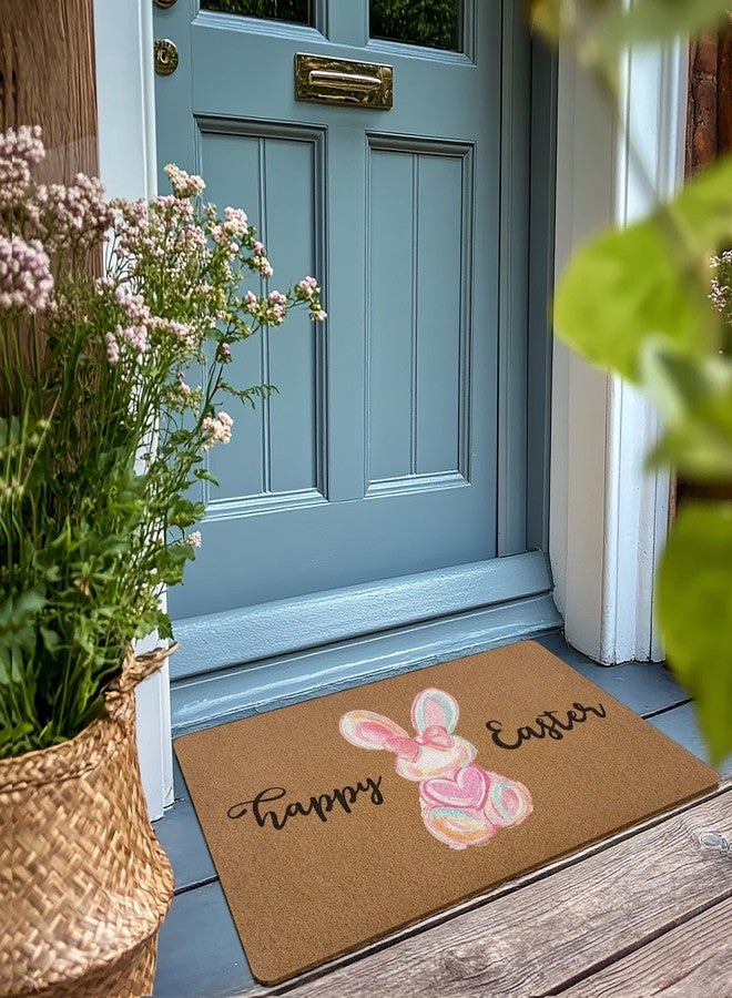 XLDLIOO Happy Easter Bunny Door Mat Doormat, Preppy Pink Bow Rabbit Welcome Front Door Mat Indoor Outdoor Entrance, Easter Bunny Artificial Coir Doormats Rugs for Porch Entryway Home Decor 30x17in - Image 2