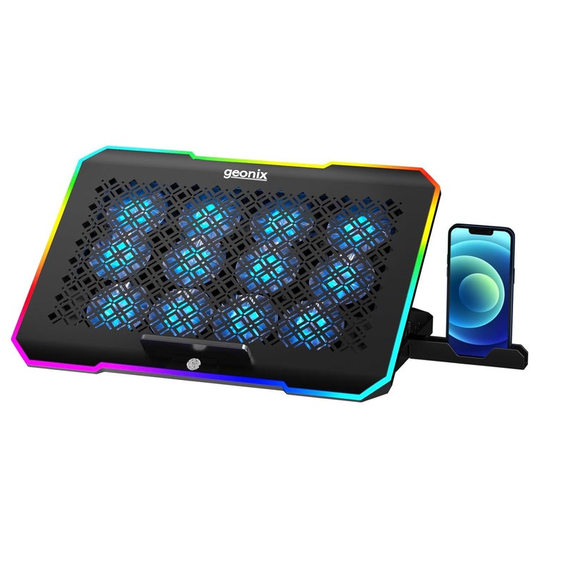 GEONIX Ergo 3 Gaming Laptop Cooling Stand with 10 RGB Lights, 12 Quiet Fans for 15.6-18 Inch Laptops, Smart Touch, 5 Stand Adjustable Point, PC Notebook Heat Dissipation (Black) - Image 1