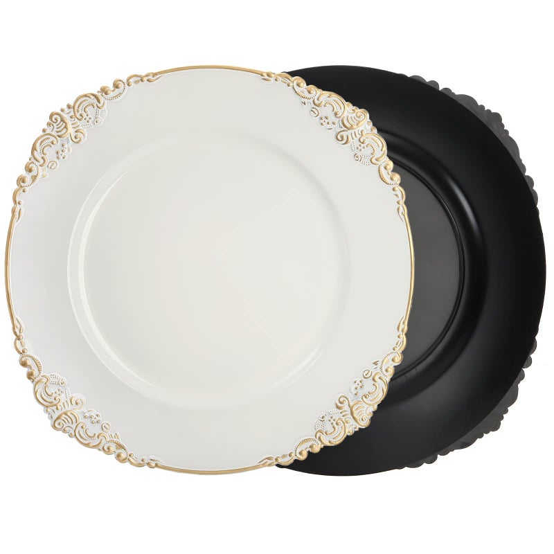 Okllen 12 Pack Plastic Round Charger Plates, 13" Dinner Charger Dessert Plates with Gold Rim, Vintage Charger Serving Plates for Catering, Wedding, Tabletop Decor, White, Floral Trim - Image 3