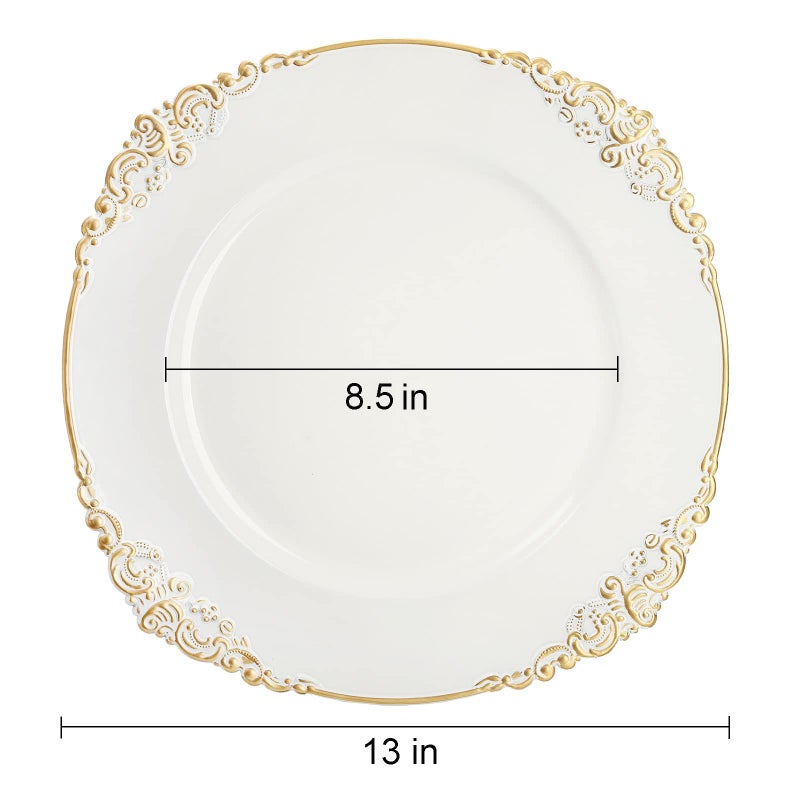 Okllen 12 Pack Plastic Round Charger Plates, 13" Dinner Charger Dessert Plates with Gold Rim, Vintage Charger Serving Plates for Catering, Wedding, Tabletop Decor, White, Floral Trim - Image 2