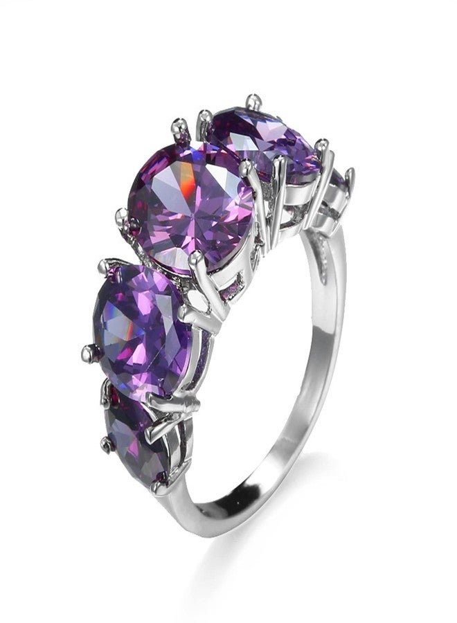 Vsoruln Vintage 925 Sterling Silver Purple Amethyst 5-Stone Women's Ring Promise Zircon CZ Ring Simulated Birthstone Filled Size 6-10 (9) - Image 1