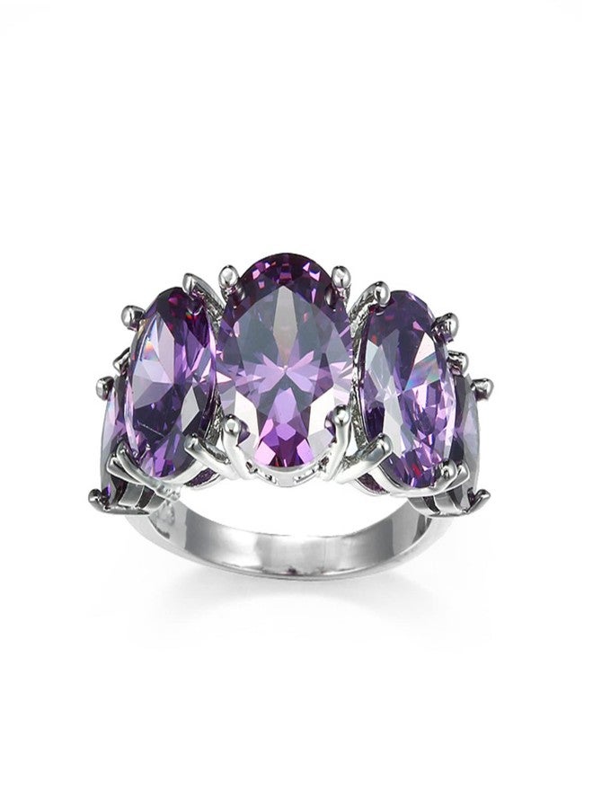 Vsoruln Vintage 925 Sterling Silver Purple Amethyst 5-Stone Women's Ring Promise Zircon CZ Ring Simulated Birthstone Filled Size 6-10 (9) - Image 3