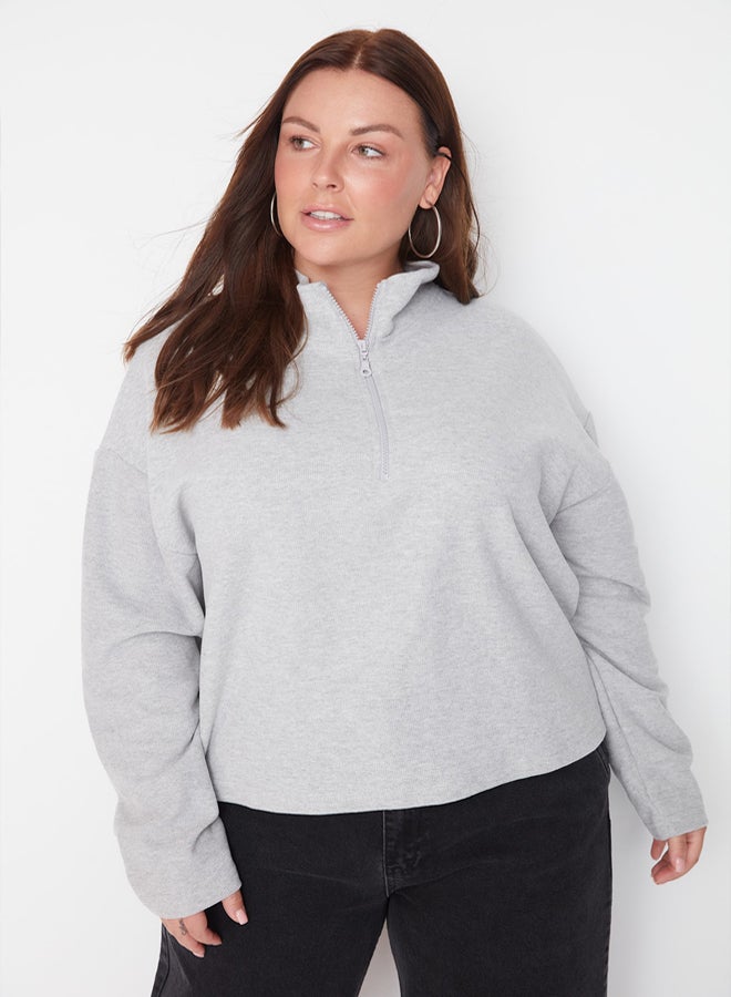 trendyol Gray Stand-Up Collar Zippered Thessaloniki Thin, Knitted Sweatshirt - Image 1