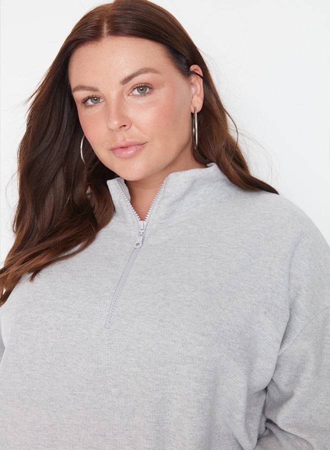 trendyol Gray Stand-Up Collar Zippered Thessaloniki Thin, Knitted Sweatshirt - Image 3