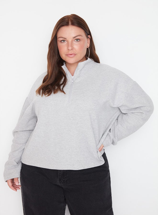 trendyol Gray Stand-Up Collar Zippered Thessaloniki Thin, Knitted Sweatshirt - Image 2