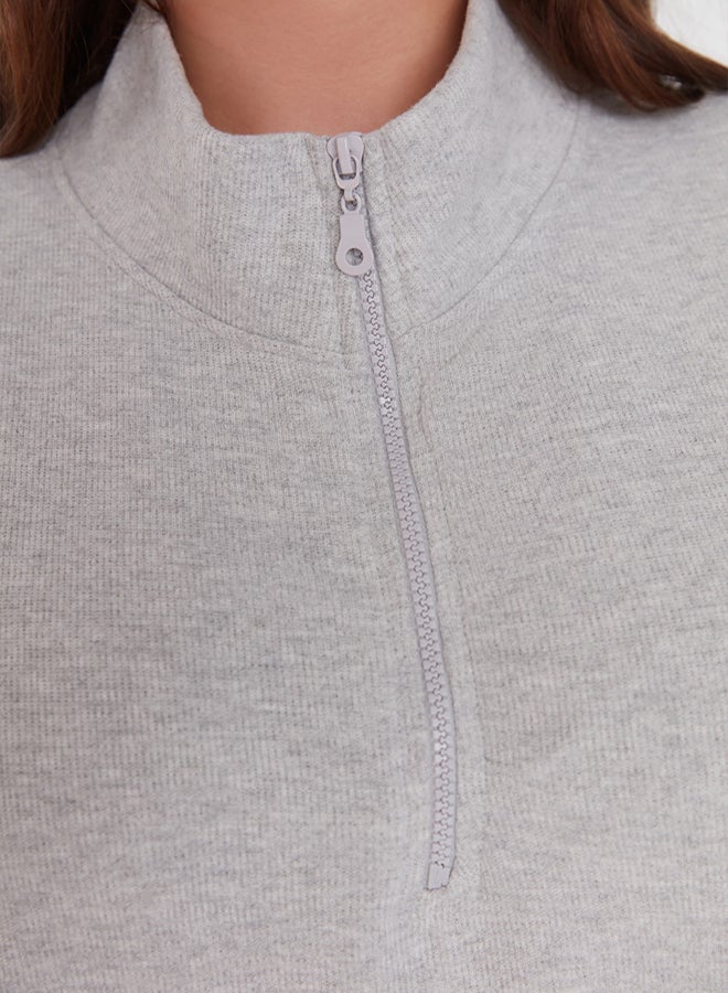 trendyol Gray Stand-Up Collar Zippered Thessaloniki Thin, Knitted Sweatshirt - Image 4