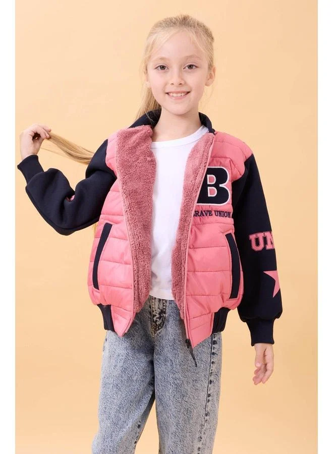 Perendi Girl's Plush-Lined Quilted College Jacket – Rose Pink.