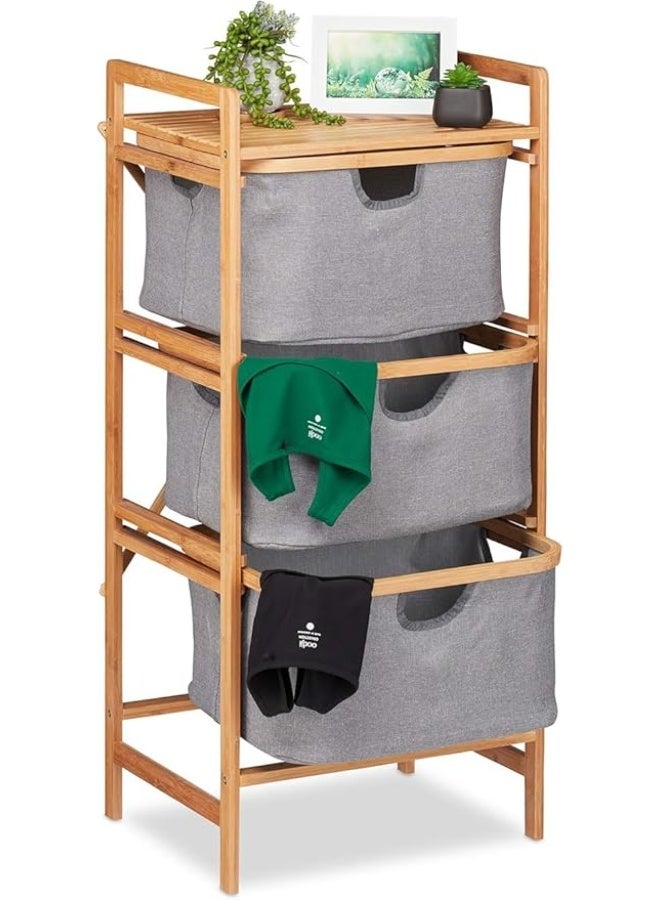 Bamboo Bathroom Storage Unit, 3-Tier Laundry Organiser with Grey Fabric Drawers, 96 x 44 x 34.5 cm, Natural - Image 1