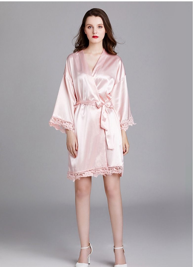 NIBEMINENT Ladies Night Gown Long-sleeved Plus Size Silk Home Bathrobe Pajamas  - Image 4