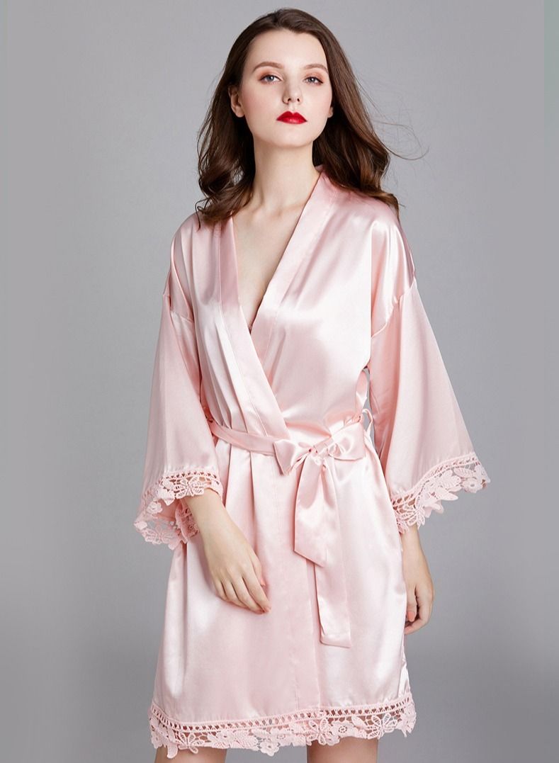 NIBEMINENT Ladies Night Gown Long-sleeved Plus Size Silk Home Bathrobe Pajamas  - Image 1