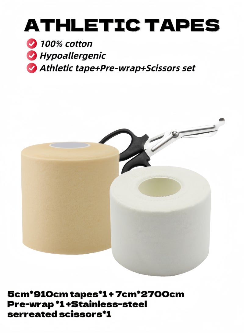 Generic 5.0*910cm 1 White Athletic Tapes, 7*2700cm 1 Skin Foam Pre-wrap, & 1 Stainless Steel Scissors, Sports Protection Set,Very Strong, Easy Tear, No Sticky Residue Tape for Athlete & Sport Trainers & First Aid Injury Wrap, Suitable for Basketball, Bats, Tennis, Gymnastics, Boxing, etc. - Image 1