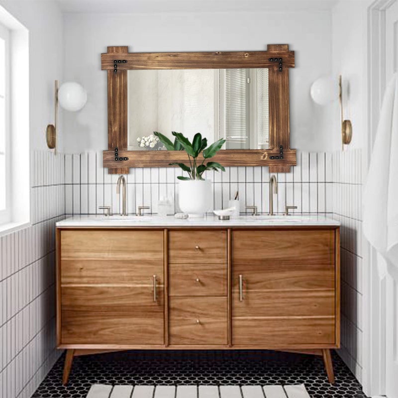 MeMoreCool Rustic Wood Mirror for Bathroom, Farmhouse Wall Mounted Vanity Mirror, Rectangular Wooden Framed Mirror for Bedroom Living Room Entryway, 30 x 20 Inch - Image 2
