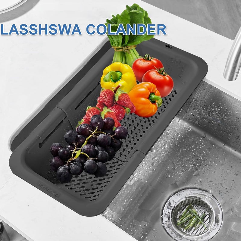LASSHSWA Collapsible Colander for Kitchen, Over the Sink Strainer Basket for Kitchen, Fruit Pasta Food Strainer Expandable Plastic Colander BPA Free (Black) - Image 2