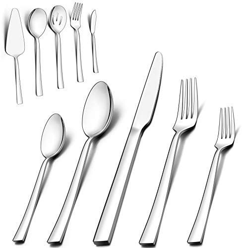 LIANYU 45-Piece Silverware Set with Serving Utensils, Stainless Steel Square Flatware Cutlery Set for 8, Eating Utensils Tableware Set, Mirror Finish - Image 1