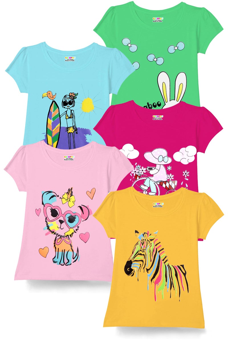 Kuchipoo Girls Regular Fit Cotton Blend T-Shirt (KUC-TSHRT-115-6-7 Years, Multi-Colored, 6-7 Years, Pack of 5) - Image 1