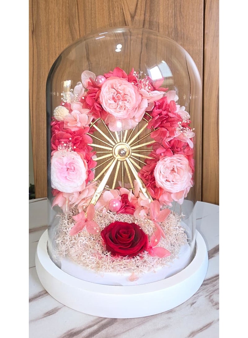 فلاور قبة زهور أنيقة محفوظة مع قطعة مركزية على شكل عجلة فيريس ذهبية - Image 4