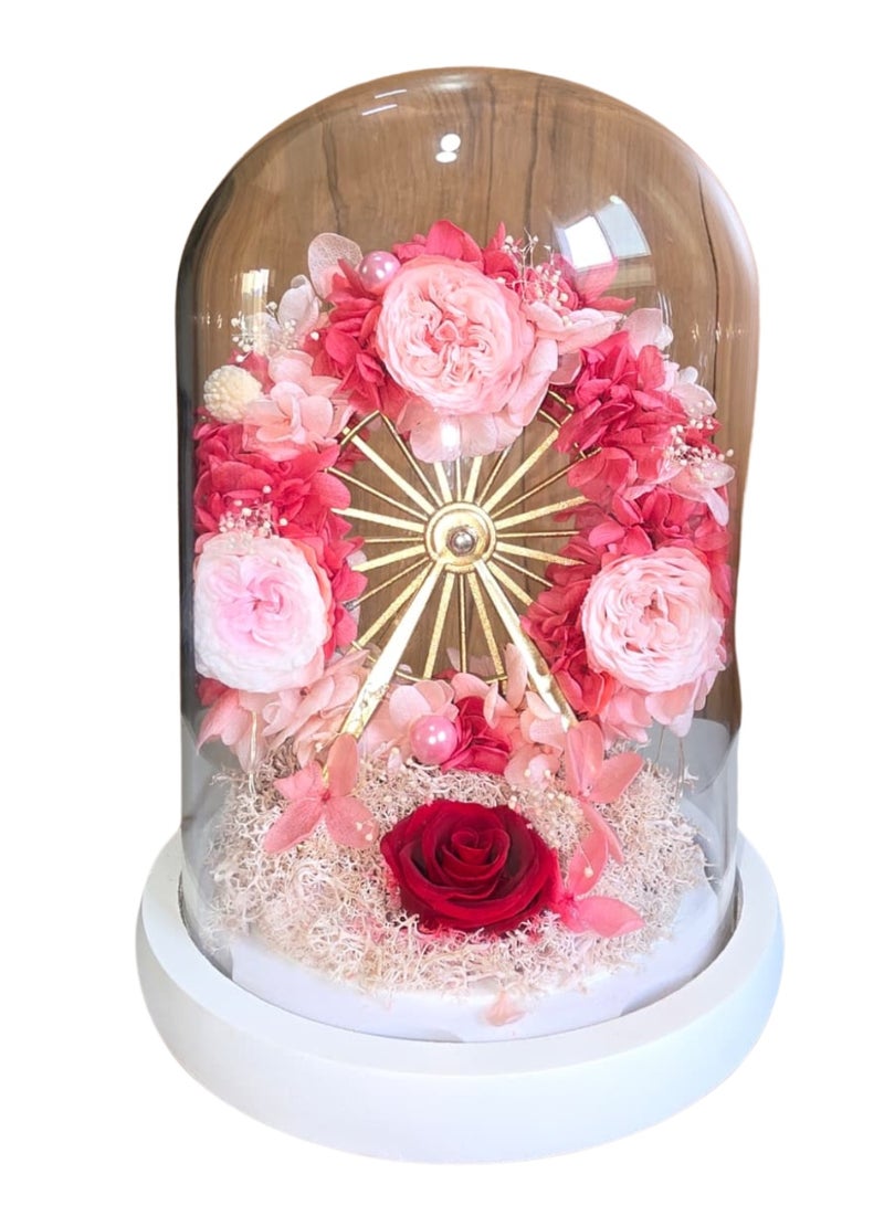 فلاور قبة زهور أنيقة محفوظة مع قطعة مركزية على شكل عجلة فيريس ذهبية - Image 1